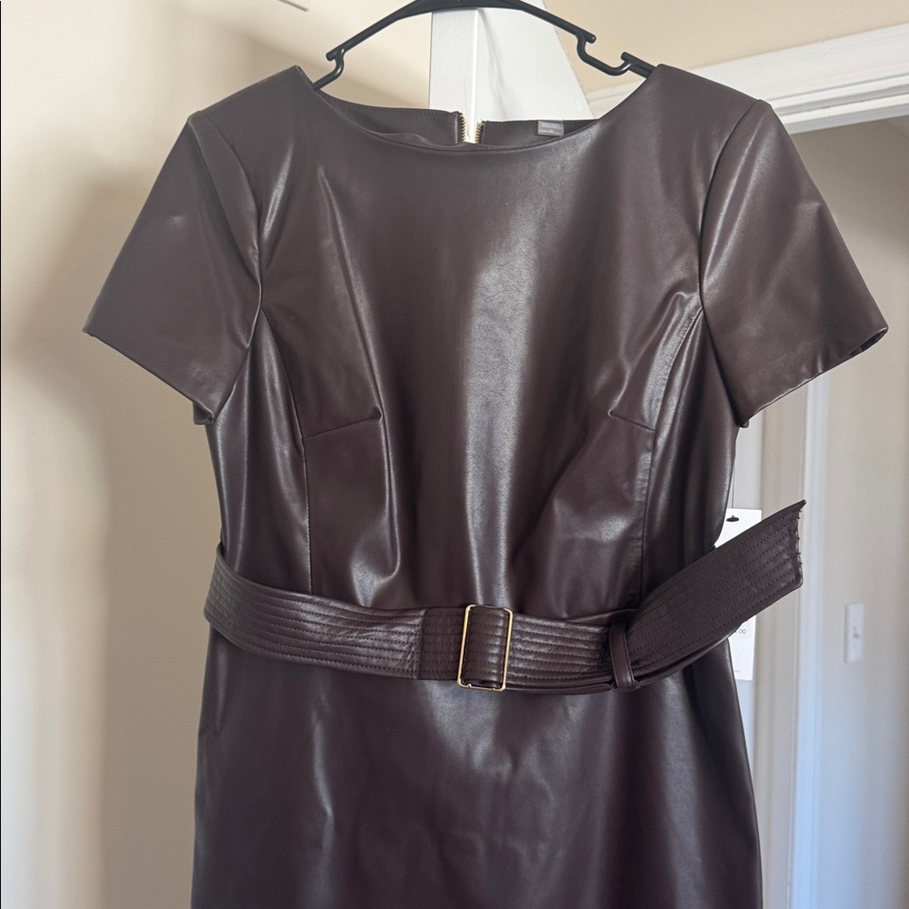 NWT Calvin Klein Burgundy Brown Faux Leather belted Midi Dress